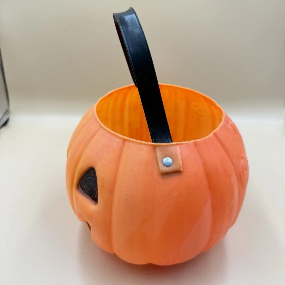 Vintage Renzi 2-Sided Halloween Blow Mold Pumpkin Witch Candy Pail Bucket Retro